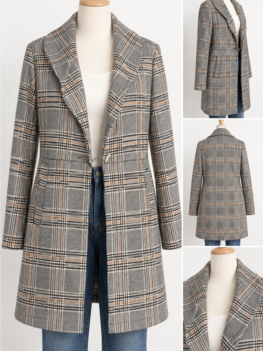 Solitaire Women’s Large Plaid Longline Coat Blazer Gray Tan Fall Workwear Jacket